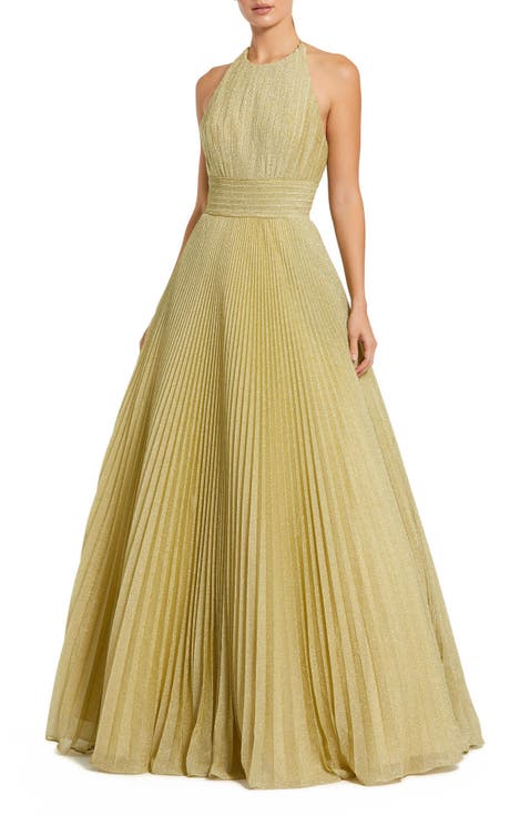 Shimmering Pleated High Neck Open Back Gown