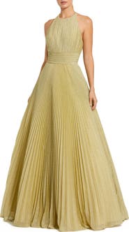 Mac Duggal Shimmering Pleated High Neck Open Back Gown