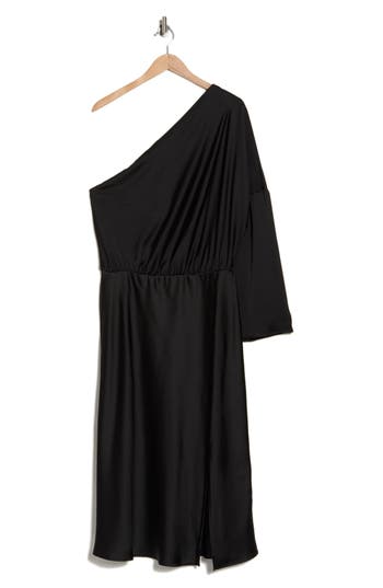 Renee C One-shoulder Satin Midi Dress In Black