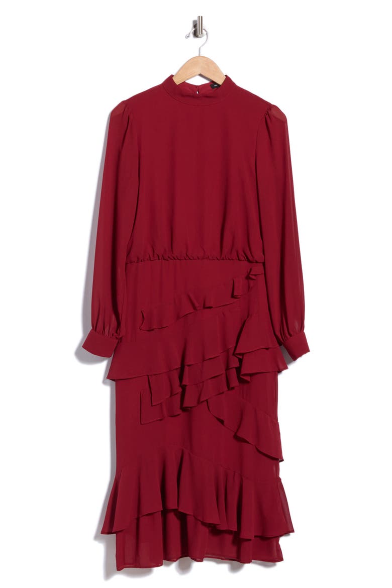 Evelyn Mock Neck Long Sleeve Ruffle Midi Dress, Alternate, color, BURGUNDY