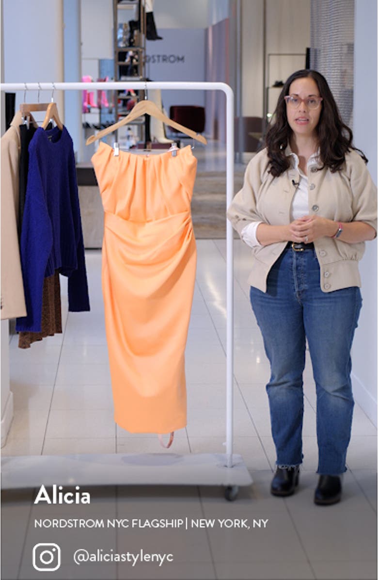 Alora Strapless Stretch Satin Midi Dress, sales video thumbnail