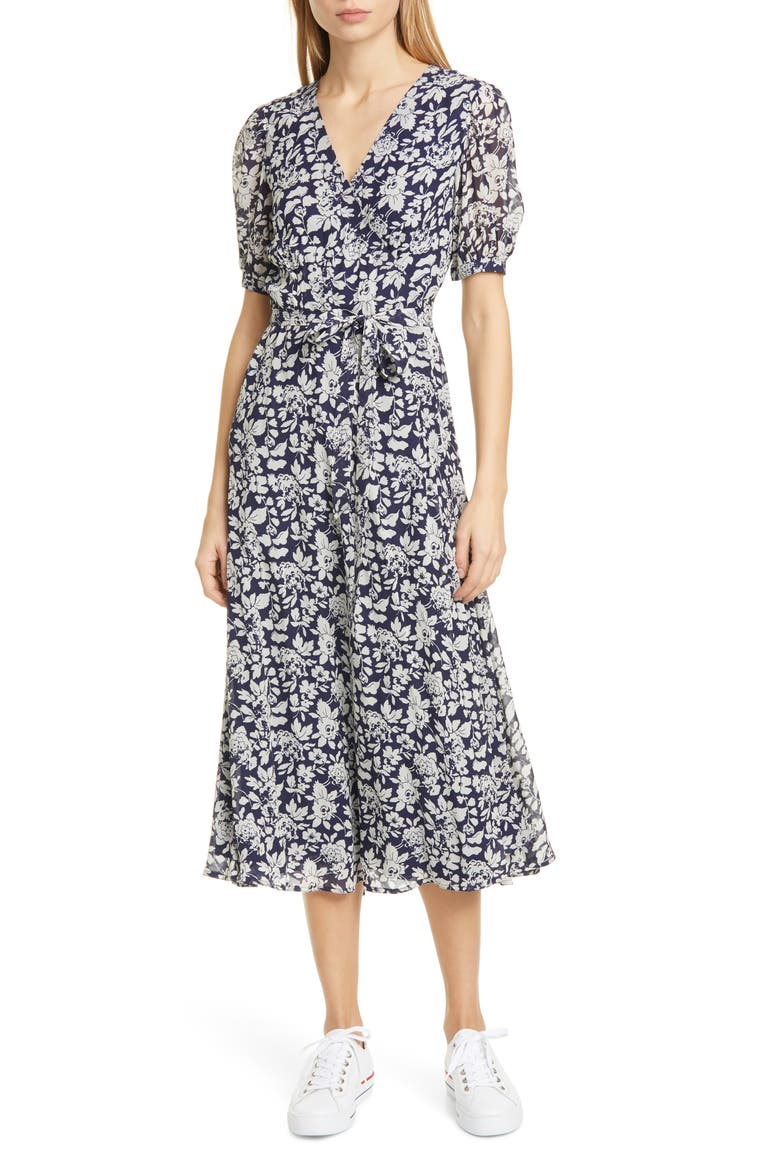 Floral Crepe Wrap Midi Dress, Main, color, NAVY FLORAL