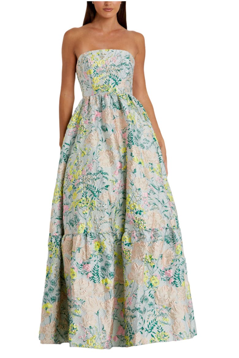 Petite Floral Brocade Strapless A Line Gown, Main, color, Pastel Multi