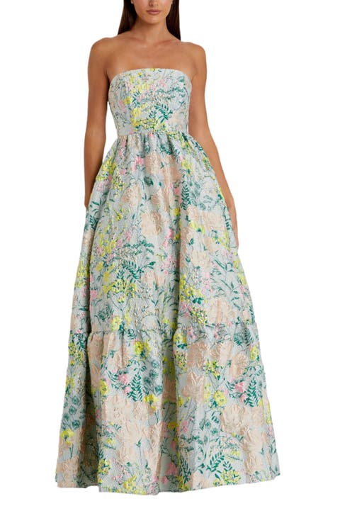 Petite Floral Brocade Strapless A Line Gown