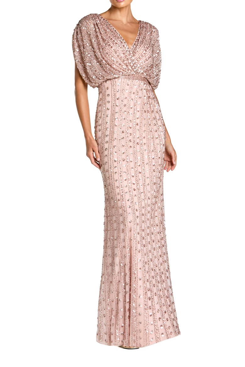Beaded Mesh Blouson V Neck Column Gown, Main, color, Vintage Rose
