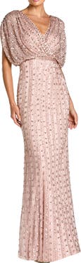 Mac Duggal Beaded Mesh Blouson V Neck Column Gown