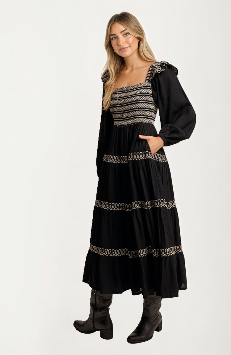 Knit and Lounge Smocked Bodice Tiered Maxi Dress with Embroidered Trim, Alternate, color, Black