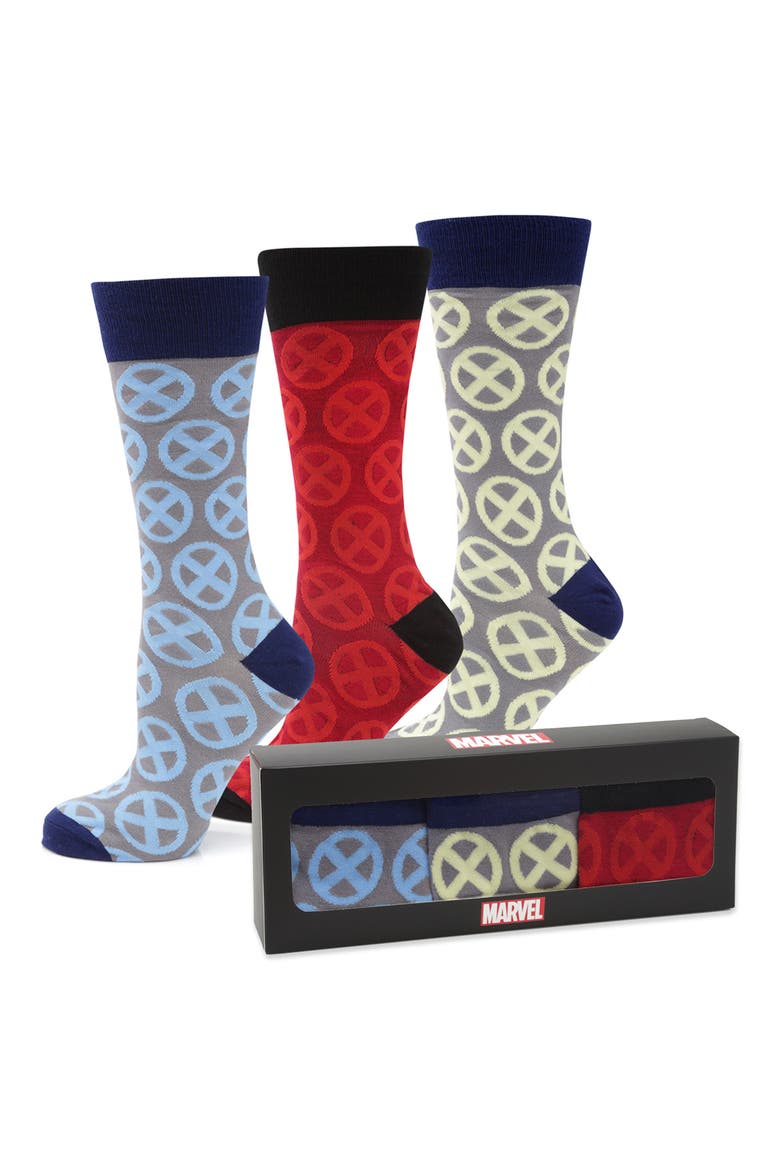 X-Men 3-Pack Assorted Crew Socks & Lapel Pin Set, Alternate, color, RED MULTI