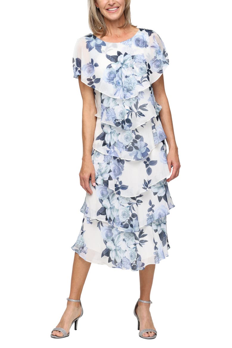 Floral Tiered Cocktail Midi Dress, Main, color, IVORY/BLUE