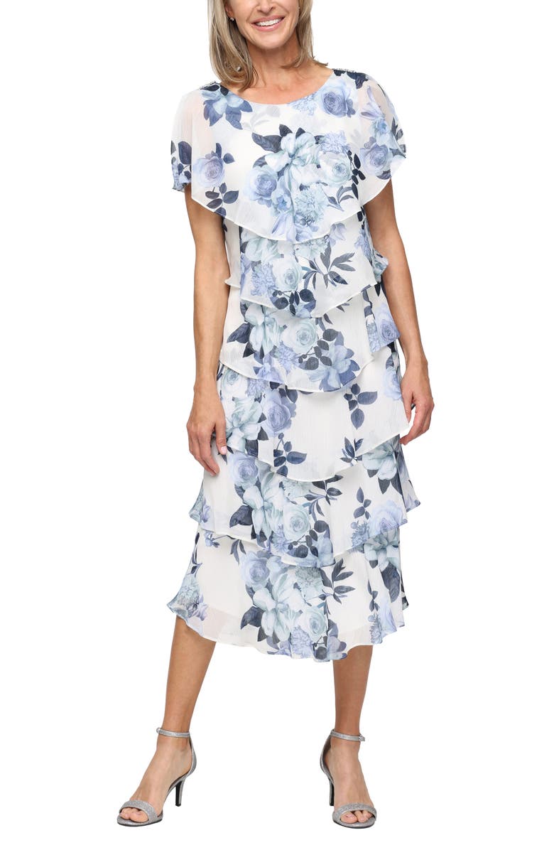 SL FASHIONS Floral Tiered Cocktail Midi Dress, Main, color, Ivory/Blue