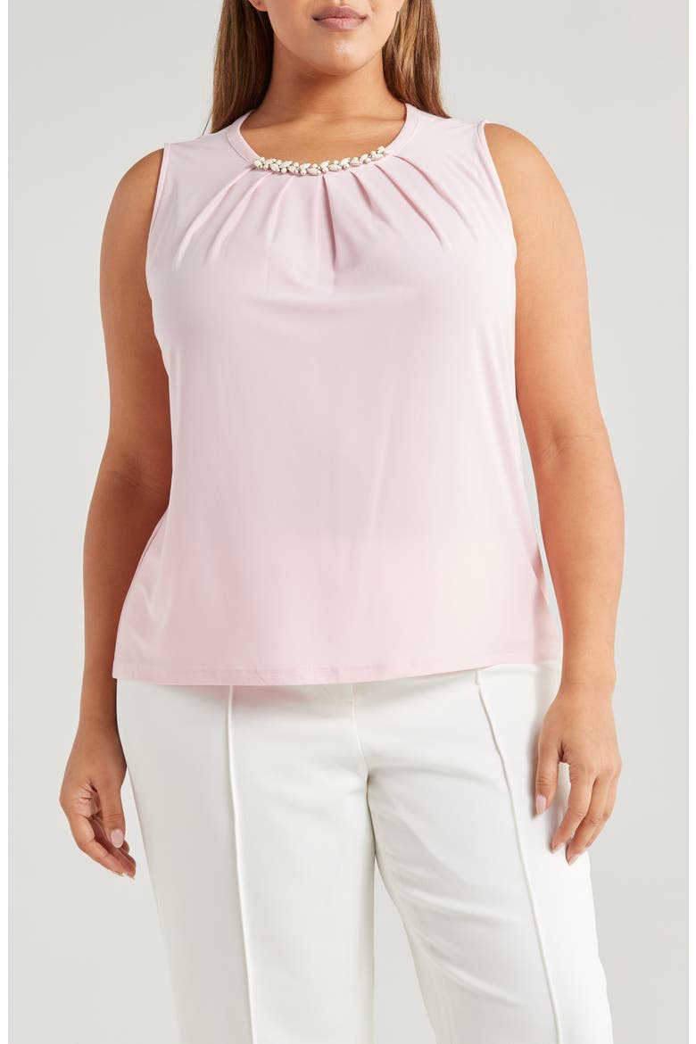 Faux Pearl Embellished Sleeveless Pleat Neck Top, Main, color, TUTU PINK