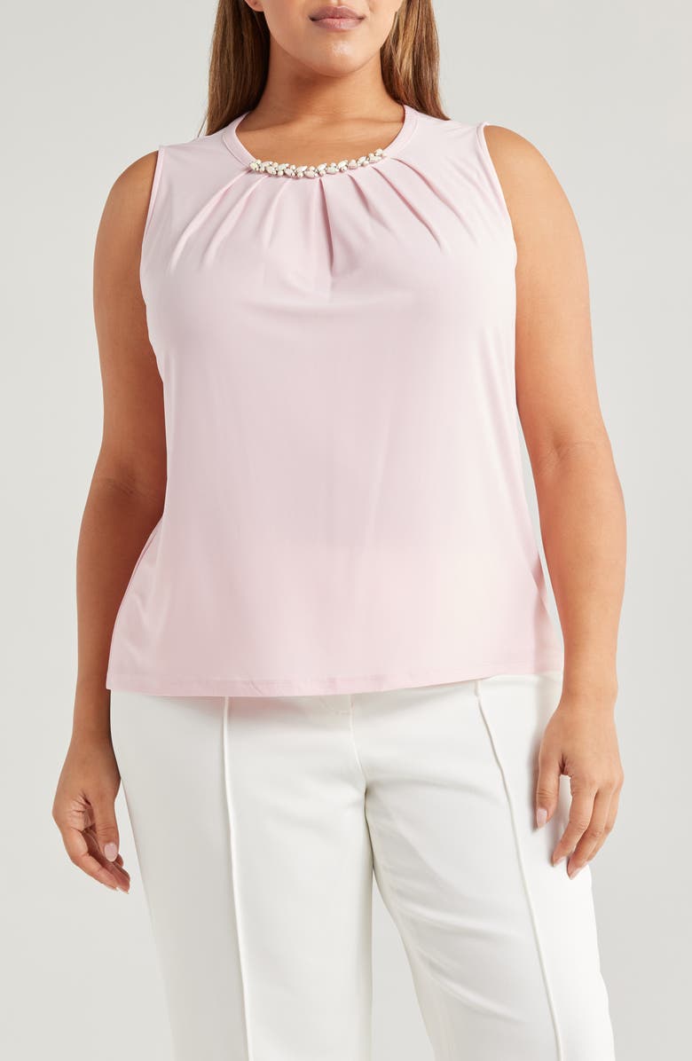 KASPER Faux Pearl Embellished Sleeveless Pleat Neck Top, Main, color, Tutu Pink
