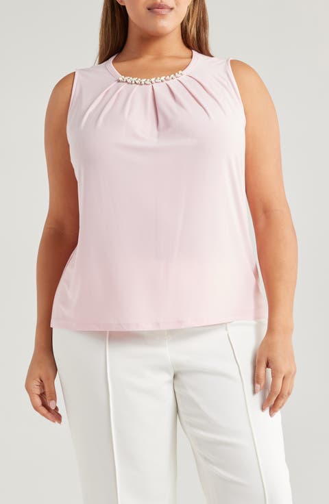 Faux Pearl Embellished Sleeveless Pleat Neck Top (Plus)