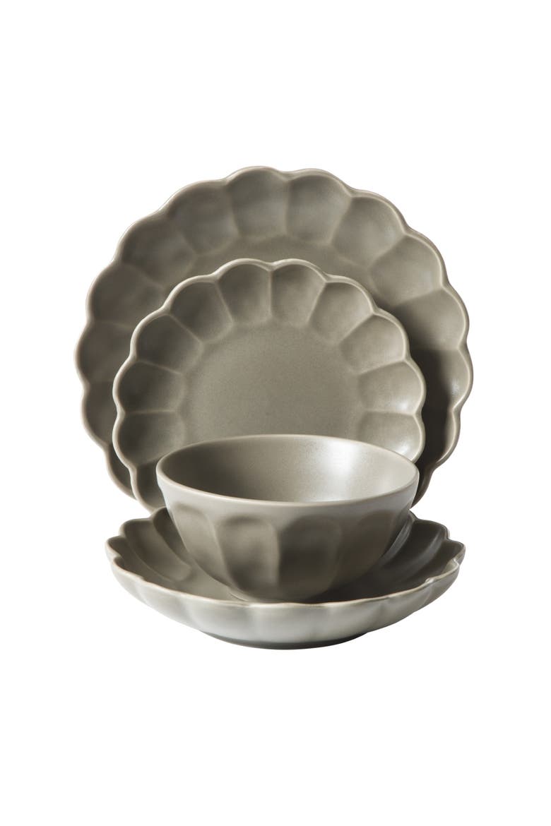 Yuelu Bloom 16 Piece Plates and Bowls Scallop Embossed Dinnerware Set, Alternate, color, Olive Stone
