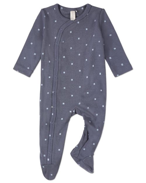 Minimoi Kids'  Little Squares Side-snap Ribbed Cotton Rich Footie In Blue