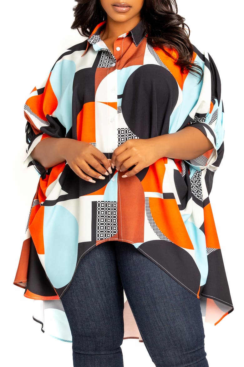 Mixed Geo Print High-Low Button-Up Shirt, Main, color, ORANGE MULTI