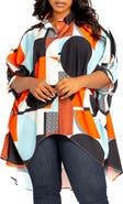 BUXOM COUTURE Mixed Geo Print High-Low Button-Up Shirt