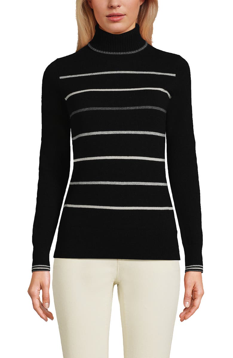 Lands' End Cashmere Turtleneck Sweater, Main, color, Black Heritage Stripe