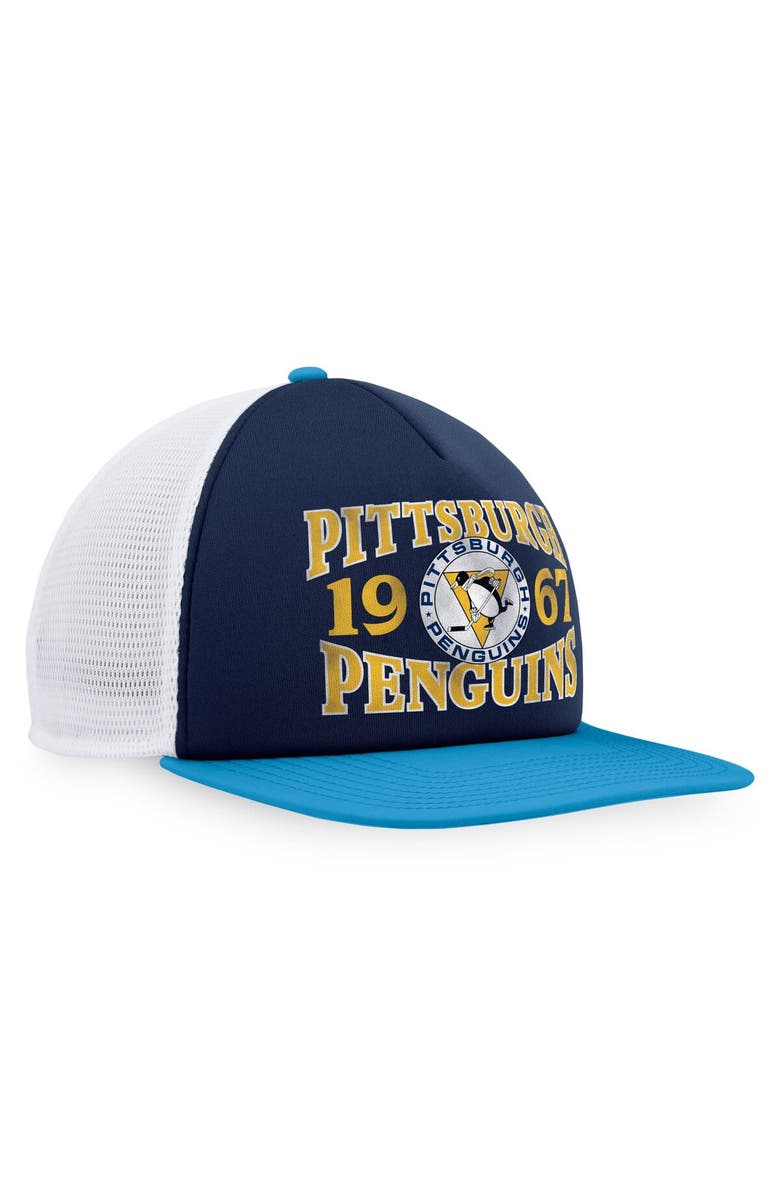 FANATICS Men's Fanatics Branded Navy/Light Blue Pittsburgh Penguins Heritage Vintage Foam Front Trucker Snapback Hat, Alternate, color, 