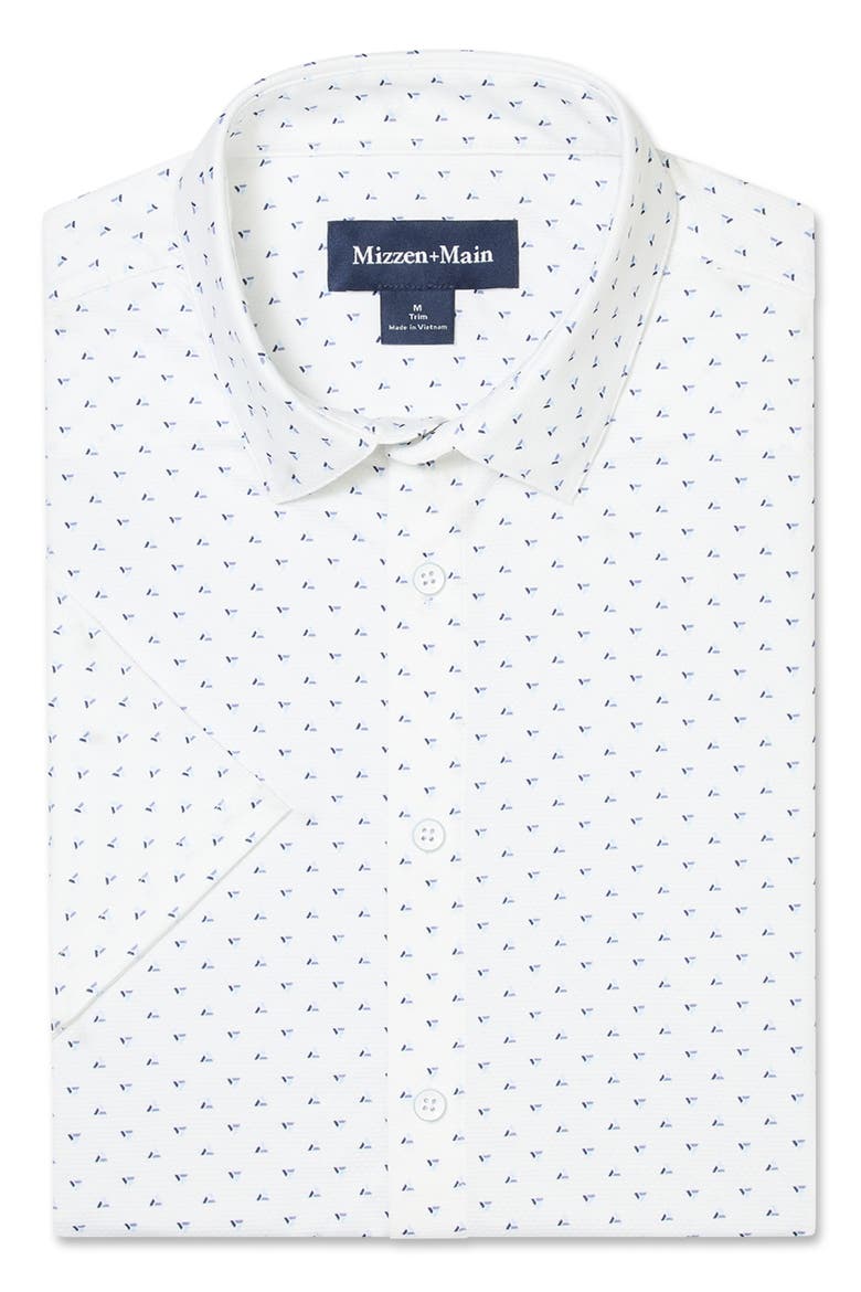 Halyard Trim Fit White Tossed Triangle Short Sleeve Performance Button-Up Shirt, Alternate, color, WHITE TOSSED TRIANGLE