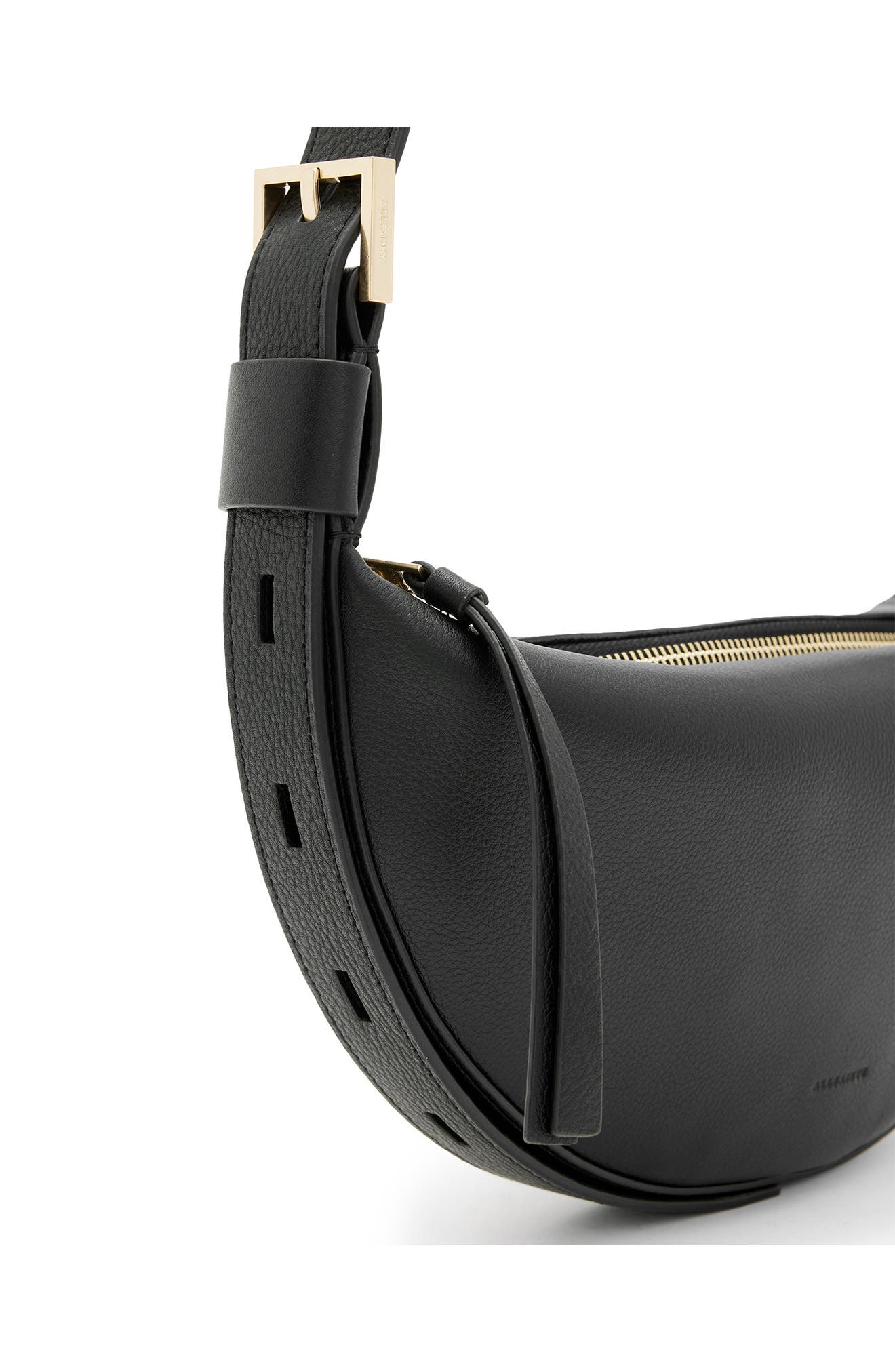 AllSaints Half Moon Leather Crossbody Bag, Alternate, color, Black
