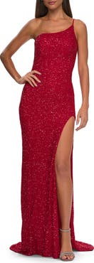 La Femme Elegant Soft Sequin One Shoulder Long Dress in Jewel Tones