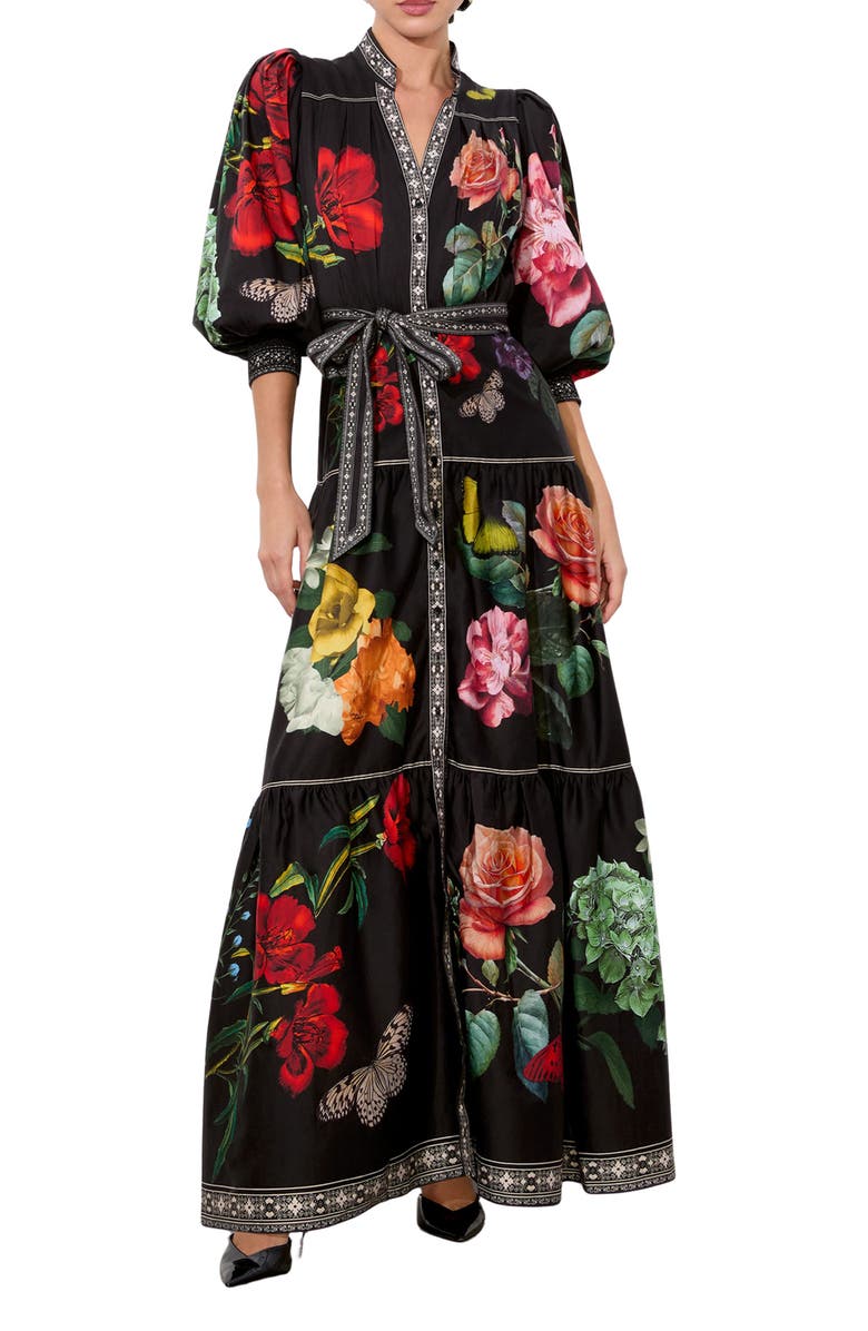 Alice + Olivia Cora Floral & Butterfly Print Voluminous Tiered Maxi Dress, Main, color, 