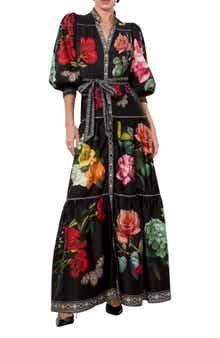 Alice + Olivia Cora Floral & Butterfly Print Voluminous Tiered Maxi Dress