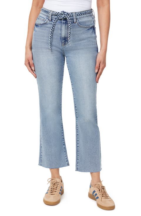High Waist Belted Flare Leg Cropped Jeans