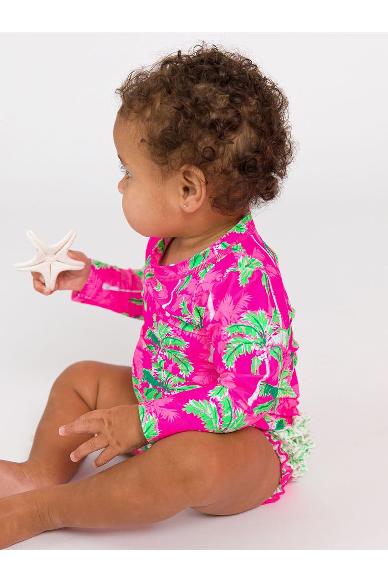 Baby Girls Tropical Long Sleeve UPF50+ One Piece Rash Guard, Alternate, color, Neon Palm Paradise