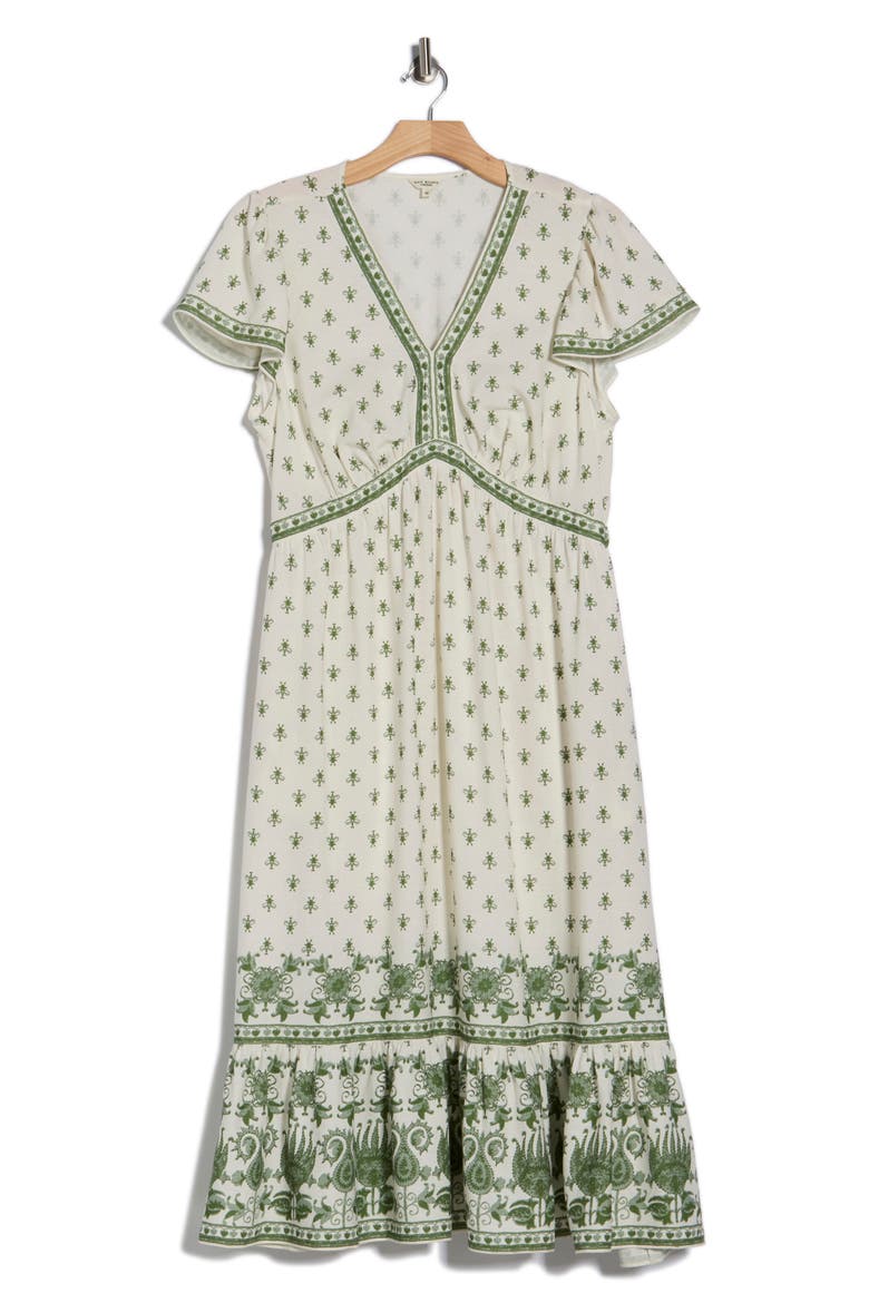 Flutter Sleeve Maxi Dress, Main, color, CREAM/ GREEN RUSTIC LOOMS