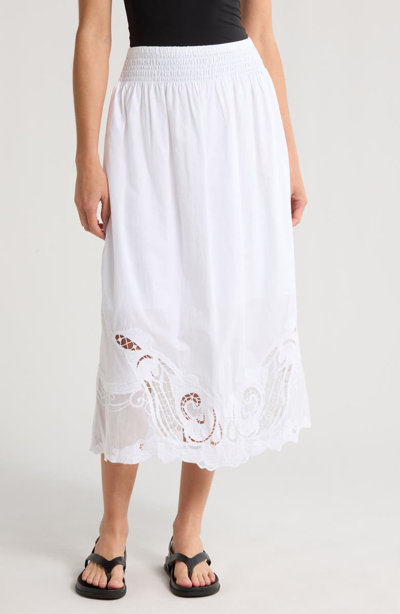 rag & bone Clem Broderie Anglaise Trim Cotton Midi Skirt, Main, color, White