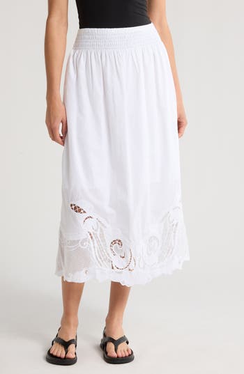 Rag & Bone Clem Broderie Anglaise Trim Cotton Midi Skirt In White