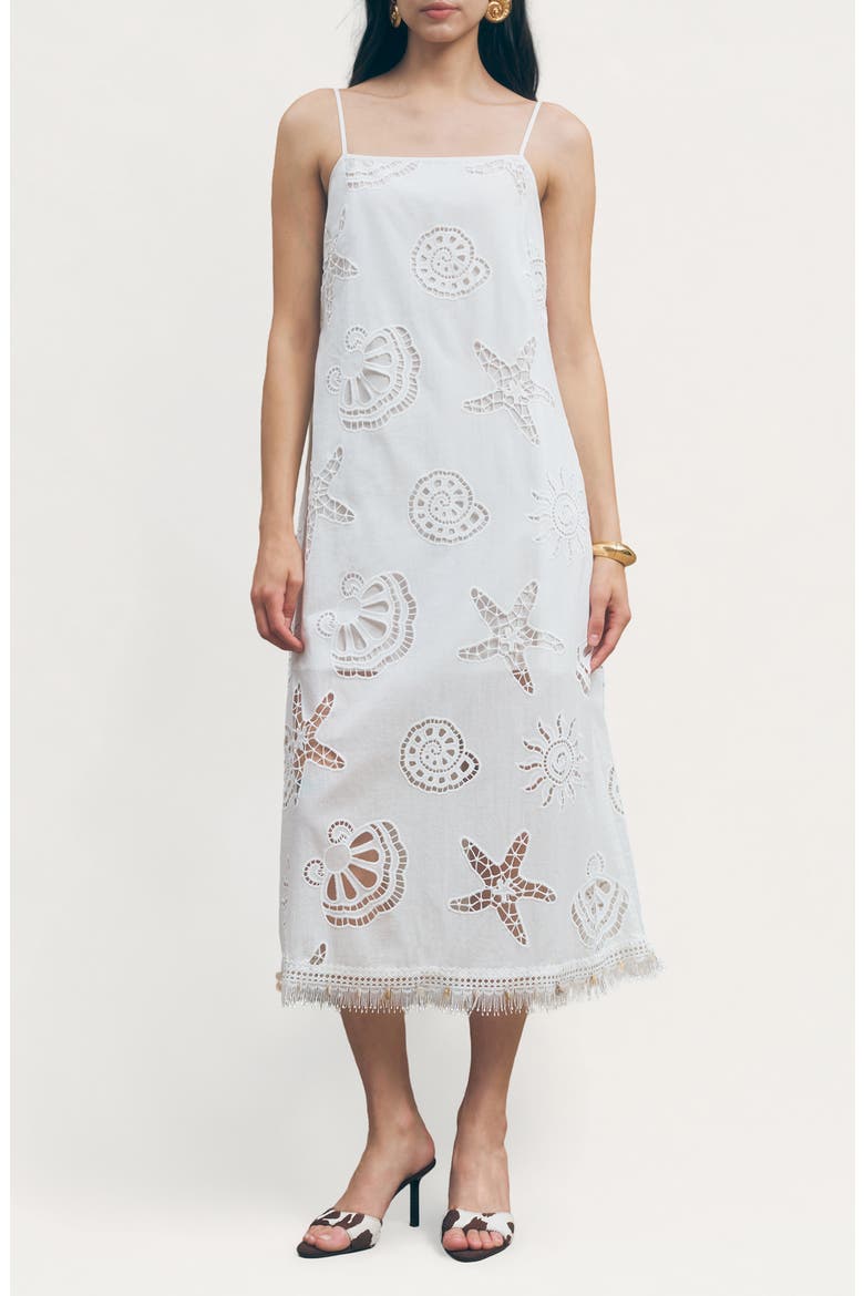 Ciel Cotton Eyelet Fringe Trim Midi Dress, Main, color, WHITE