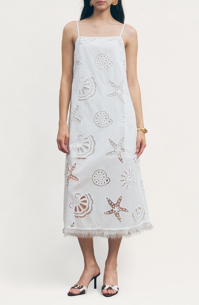 MAUDE CLUB Ciel Cotton Eyelet Fringe Trim Midi Dress, Main, color, White