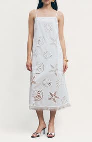 MAUDE CLUB Ciel Cotton Eyelet Fringe Trim Midi Dress
