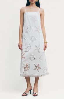Ciel Cotton Eyelet Fringe Trim Midi Dress