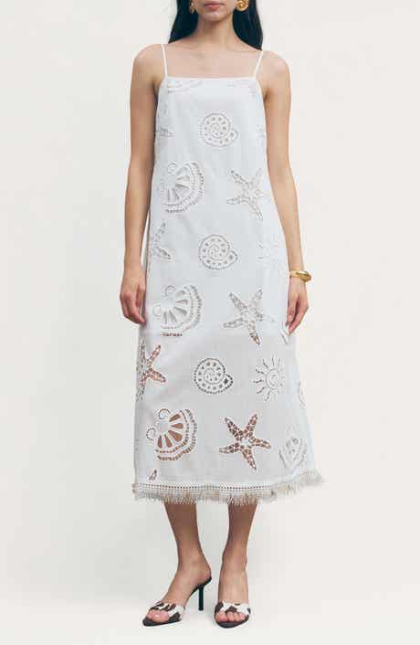 Ciel Cotton Eyelet Fringe Trim Midi Dress