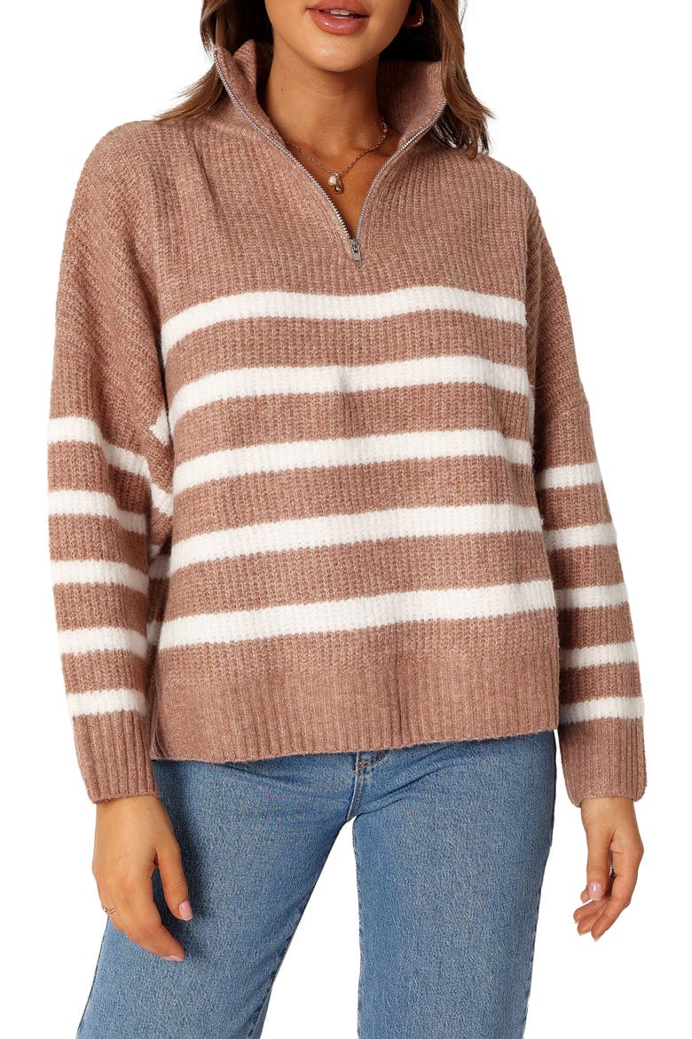 Miranda Stripe Quarter Zip Sweater, Main, color, TAUPE