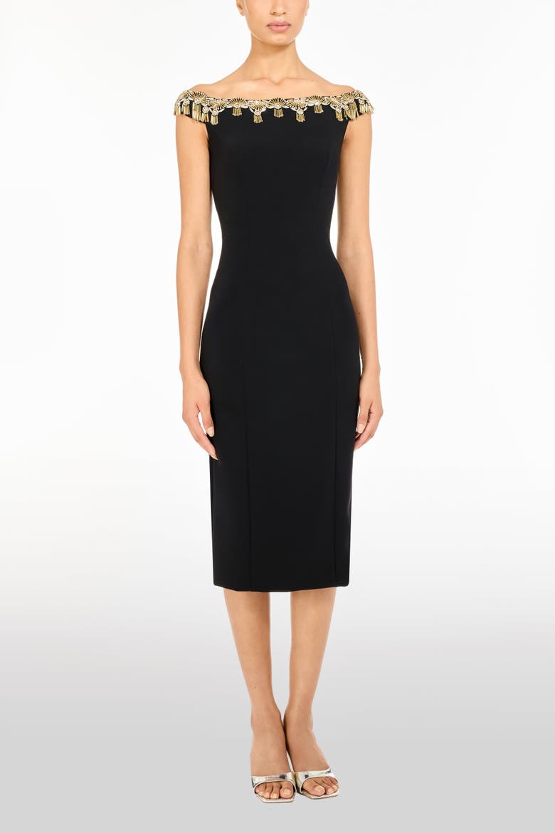 Valorie Beaded Off-Shoulder Midi Dress, Alternate, color, Liquorice