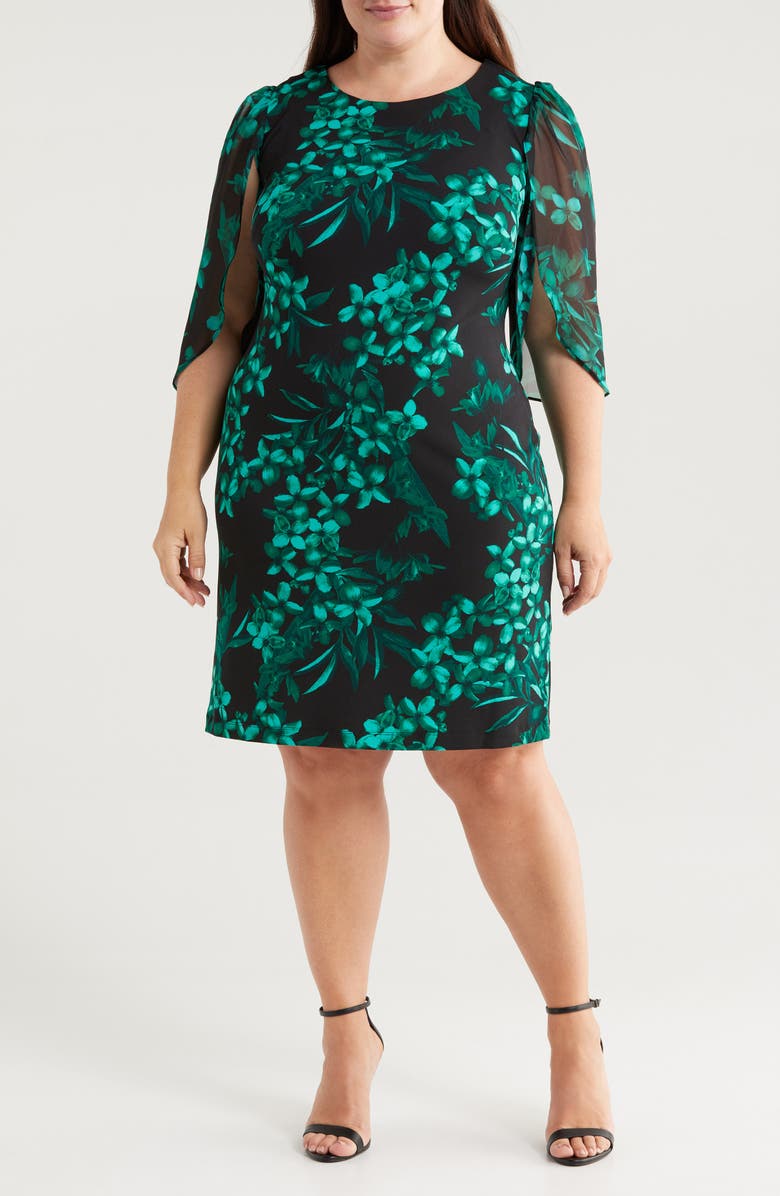 Connected Apparel Floral Chiffon Sleeve Sheath Dress, Main, color, Hunter