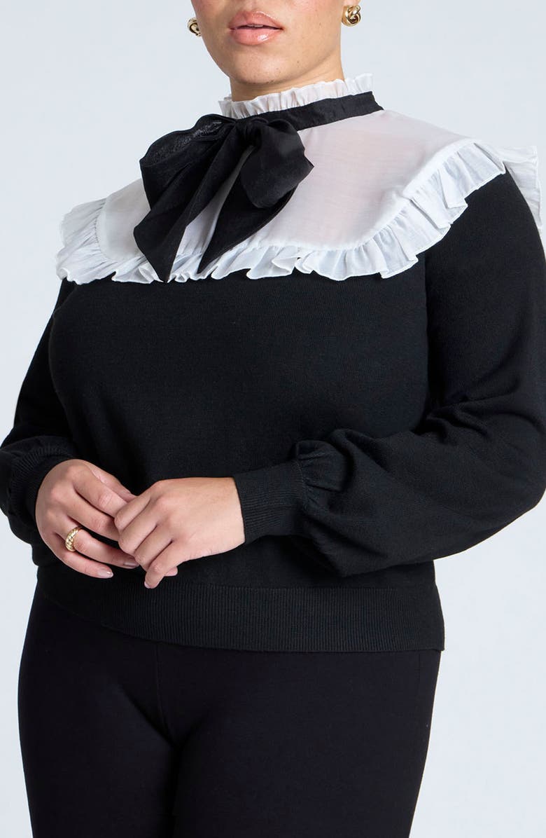 ELOQUII Sheer Yoke Tie Neck Sweater, Alternate, color, 