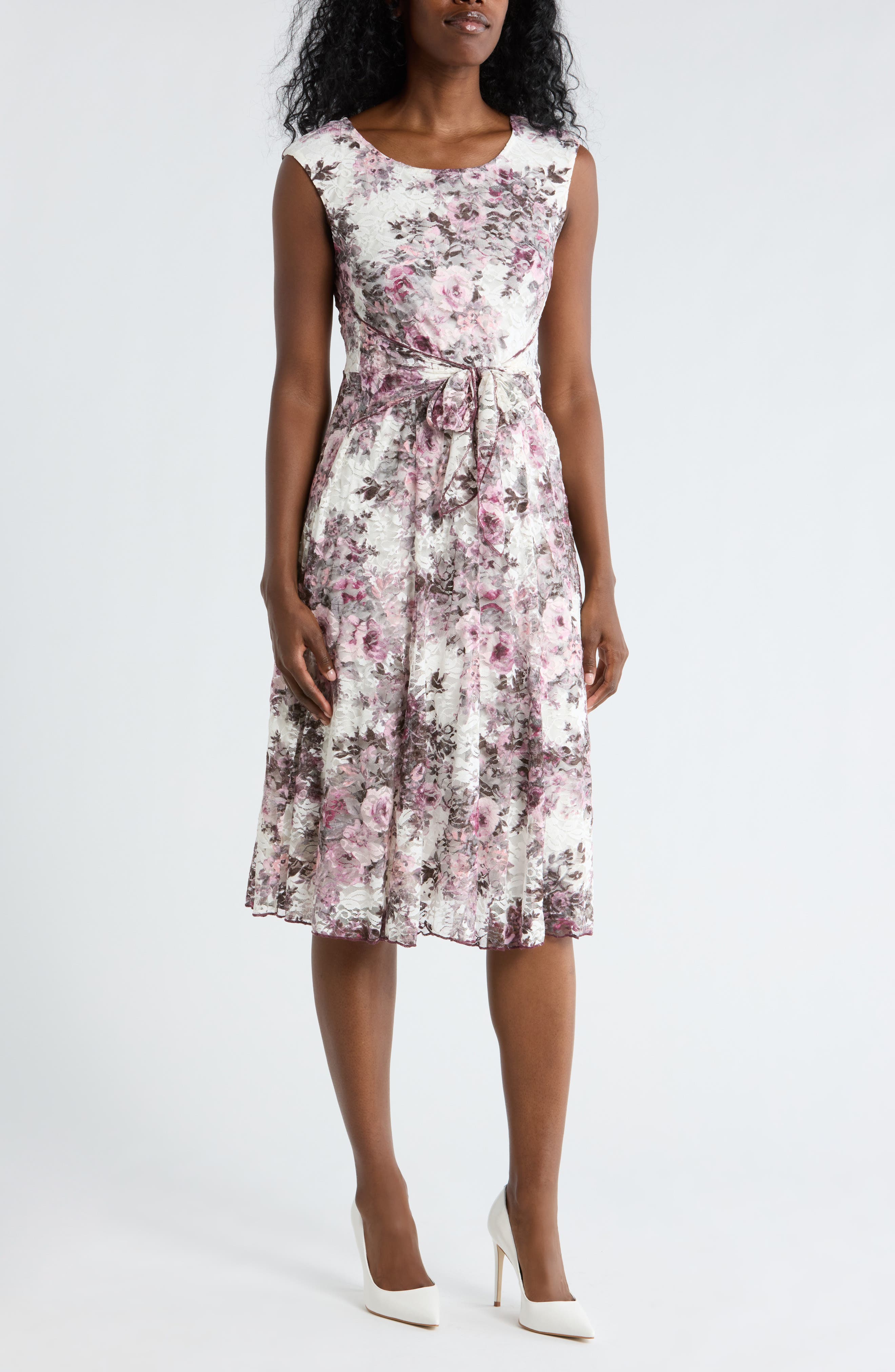 Connected Apparel Floral Tie Waist Lace Dress