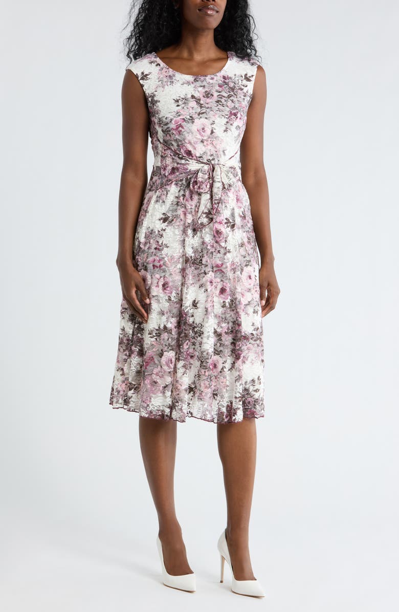 Connected Apparel Floral Tie Waist Lace Dress, Main, color, Mauve