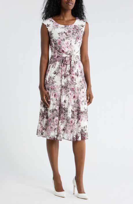 Connected Apparel Floral Tie Waist Lace Dress