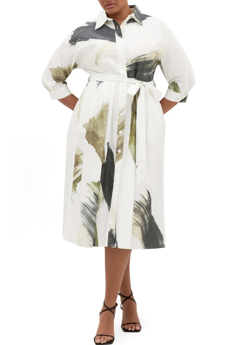 Angel Brushstroke Belted Cotton Shirtdress, Main, color, MUSE IVORY
