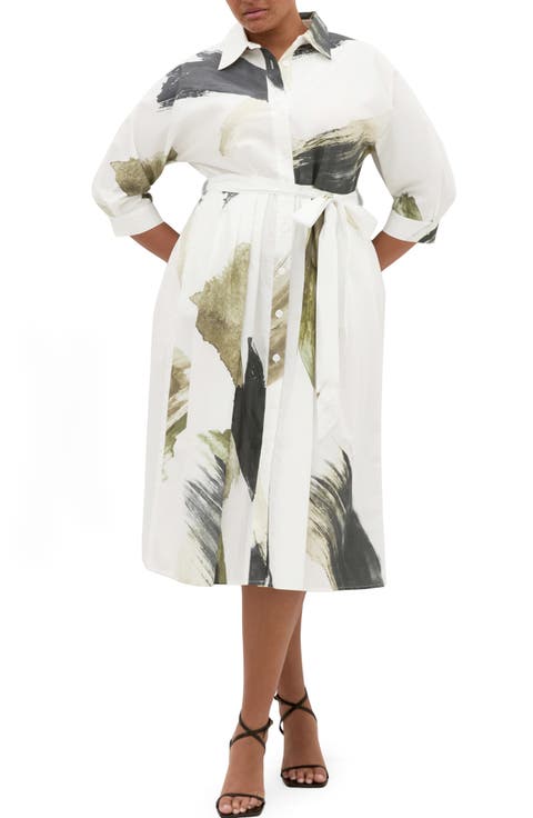 Angel Brushstroke Belted Cotton Shirtdress (Plus)