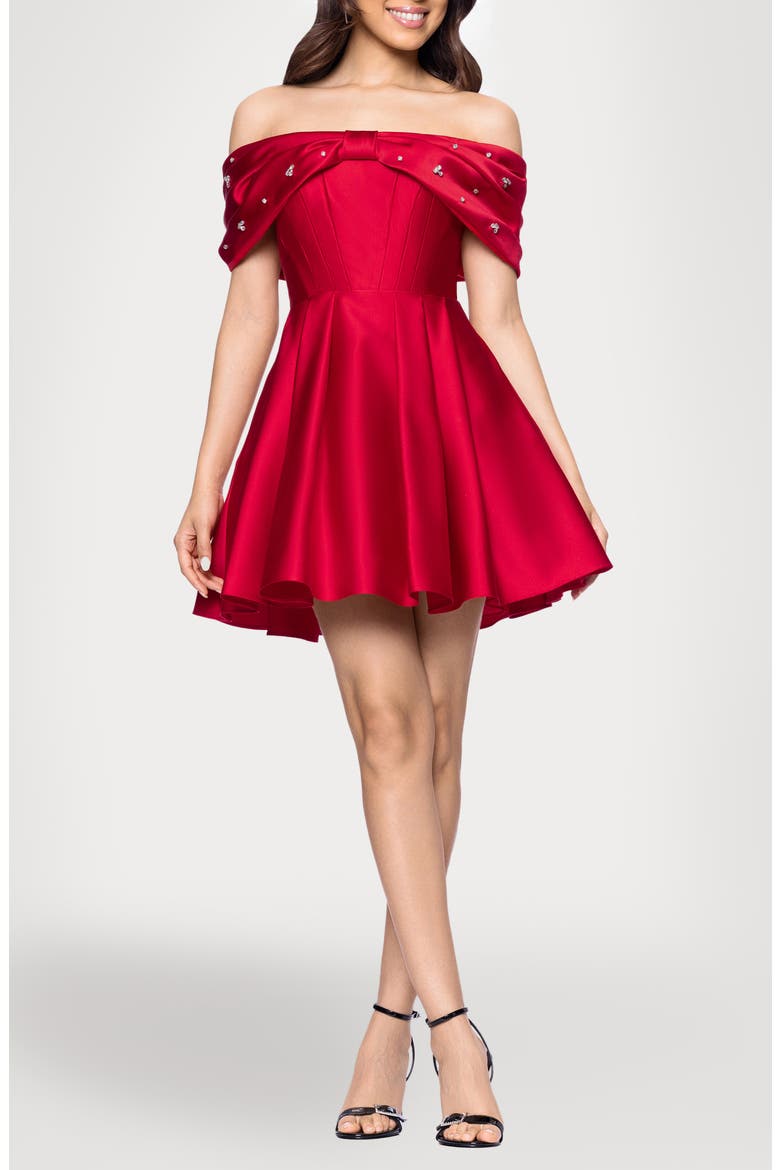 Rhinestone Bow Off the Shoulder Minidress, Main, color, RED