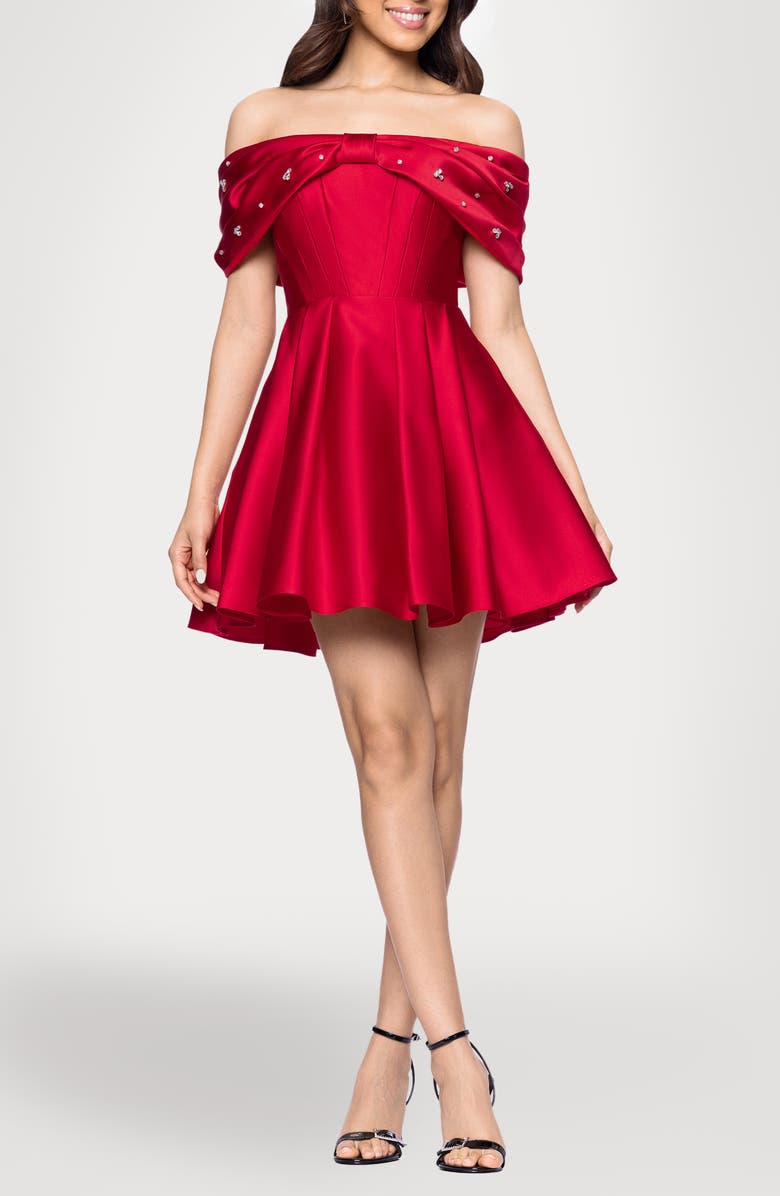 Blondie Nites Rhinestone Bow Off the Shoulder Minidress, Main, color, Red