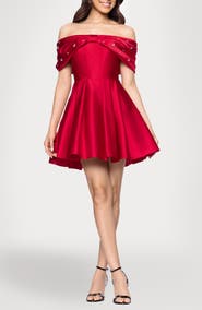 Blondie Nites Rhinestone Bow Off the Shoulder Minidress